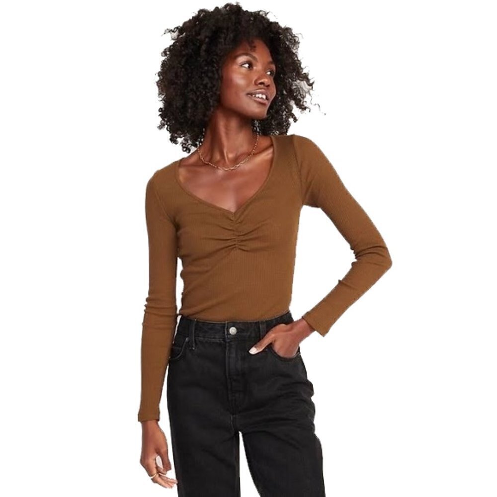 ❤️ HEY BABE ruched brown ribbed long sleeve Bodysuit Size S